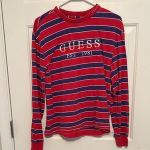 Guess Red and Blue Striped Crewneck Shirt